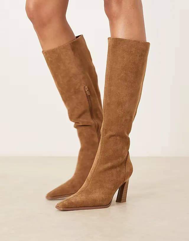 Clara chisel toe knee boots in sand suedette