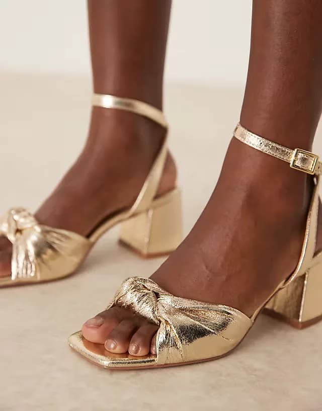 Wide Fit Hansel knotted mid heeled sandals in gold