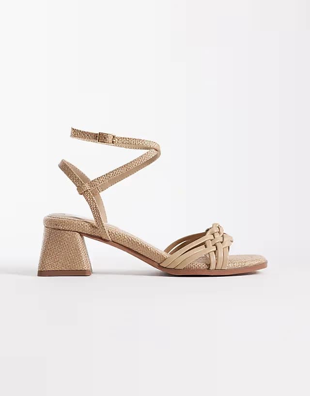 Humble braided detailing mid block heel sandals in beige raffia