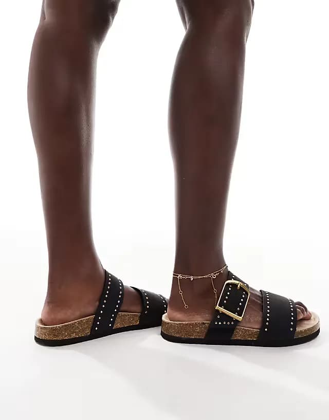 Wide Fit Fallon studded footbed sandals in black