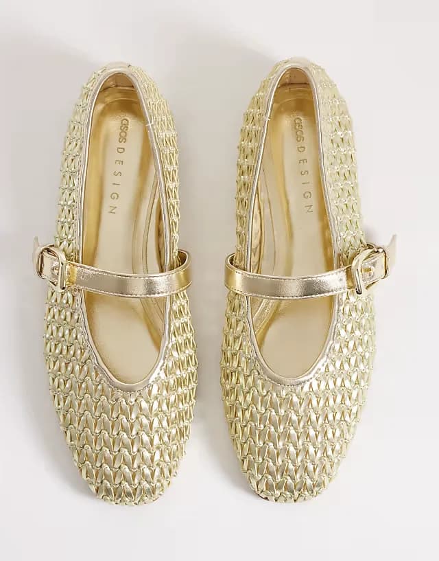 Wide Fit Leah woven Mary Jane ballet flats in gold