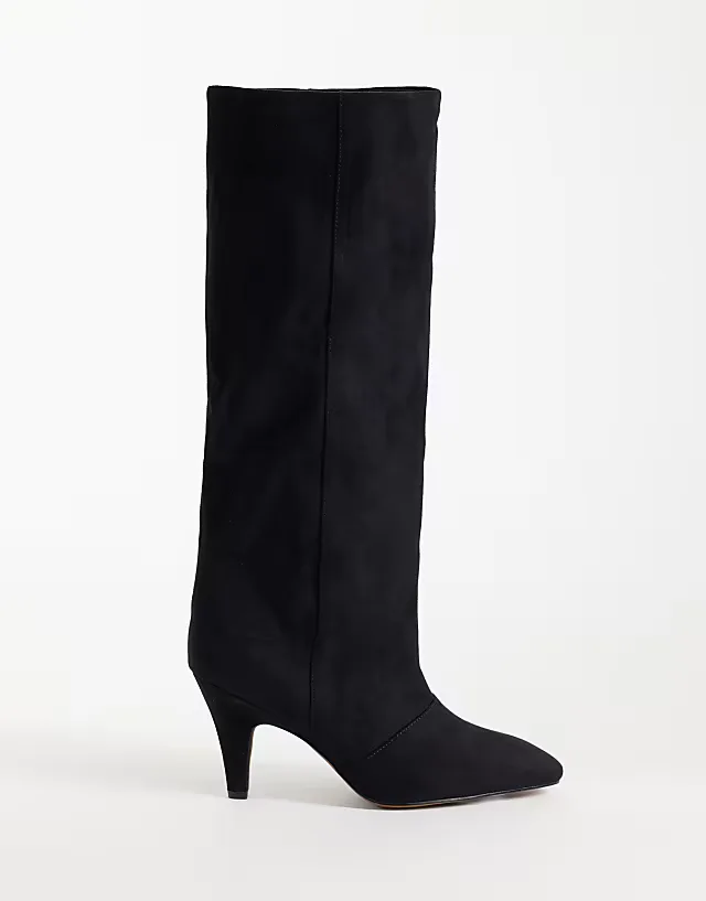 Wide Fit Contessa cone heel slouch knee boots in black suedette
