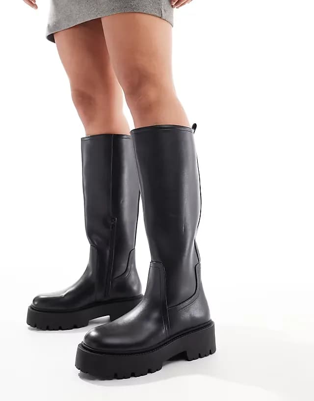 Wide Fit Carmen chunky flat knee boots in black