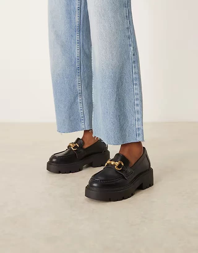 Wide Fit Milan chunky chain detail loafers in black