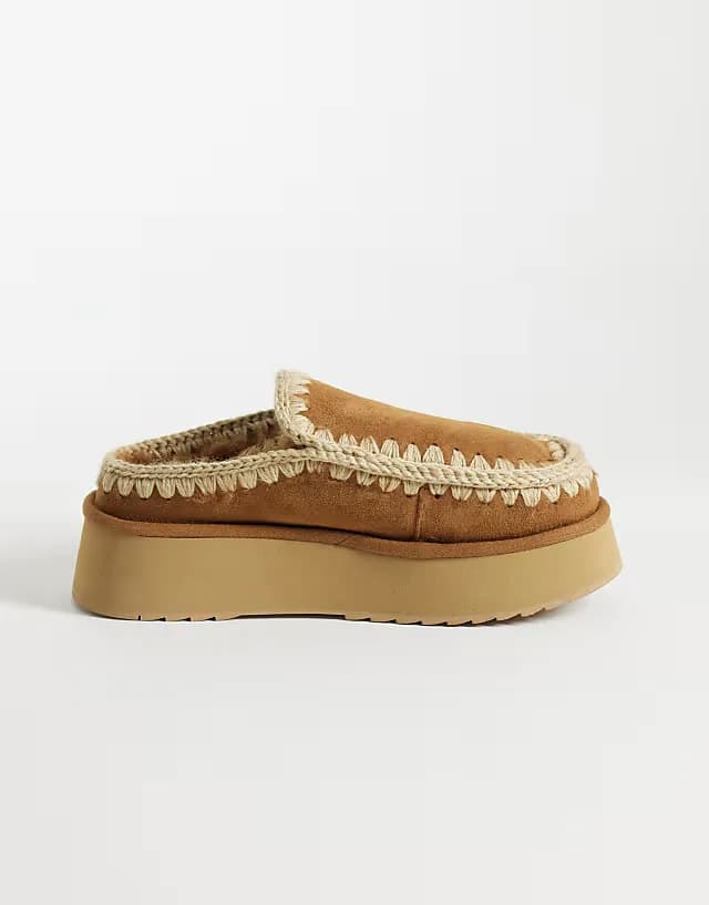 shearling lined platform suede clogs in cognac