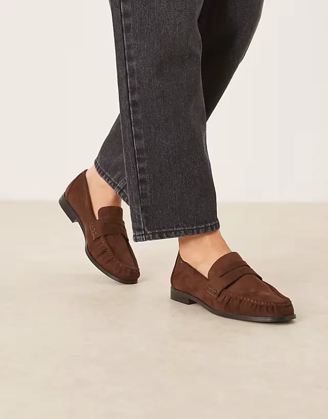 Wide Fit Minnie ruched detail loafer in brown suedette