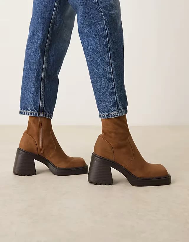 Reign square toe mid-heel platform boots in mocha suedette