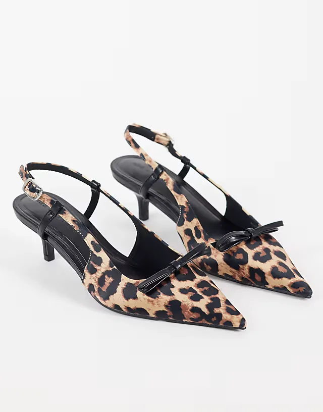Skippy bow detailing slingback kitten heel shoes in leopard