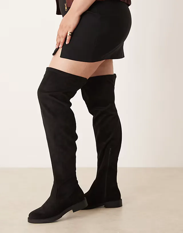 Curve Kacey smart flat over the knee boots in black suedette