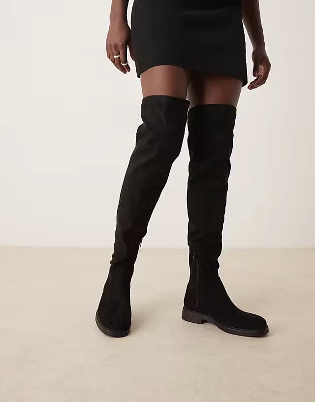 Kacey dressy flat over the knee boots in black suedette