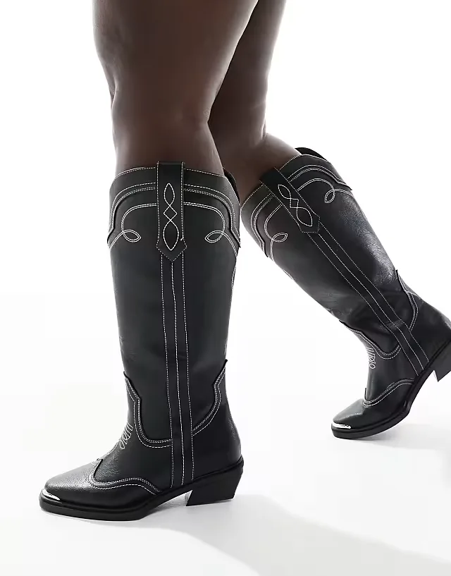 Curve Celeste flat western knee boots in black with stitching