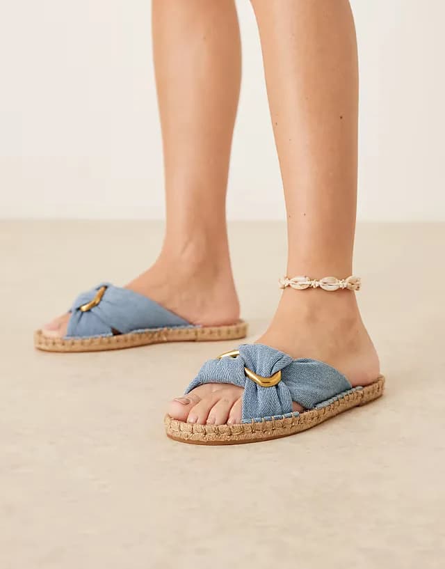 Jade knotted espadrille mules in blue denim