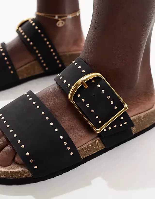 Wide Fit Fallon studded footbed sandals in black