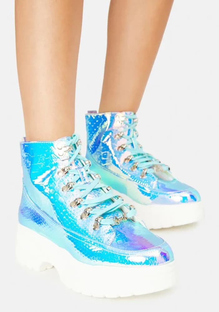 Iridescent Blue Snake Hiker Boots