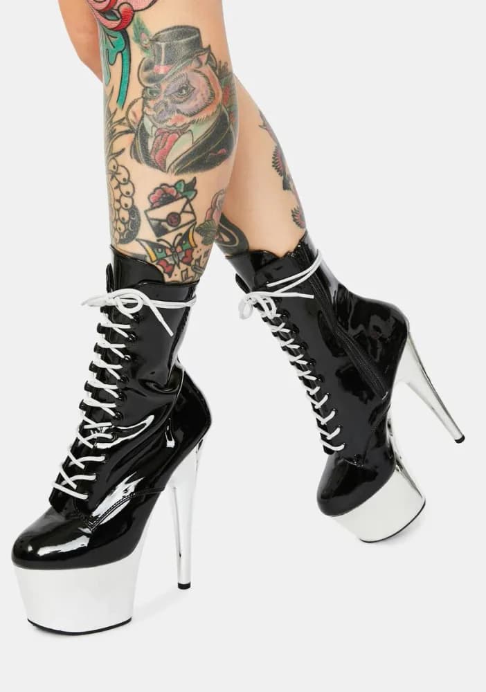 Black And Chrome Adore Lace Up Heels