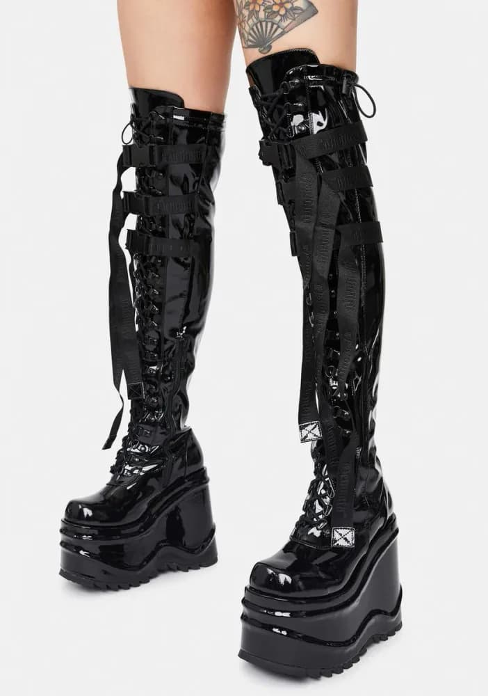 Black Patent Wave-315 Thigh High Boots