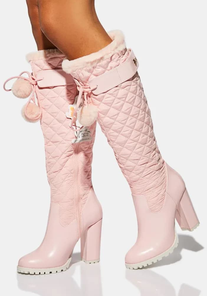 Pink Quilted Puffer Knee High Boots