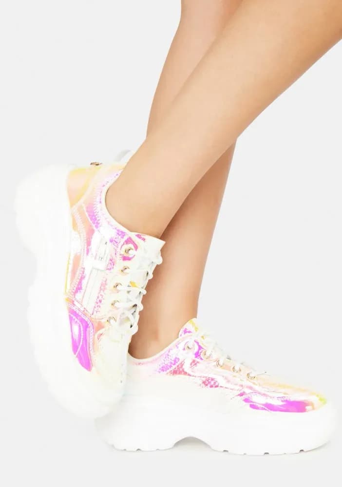 Iridescent Yellow Snake Platform Sneakers