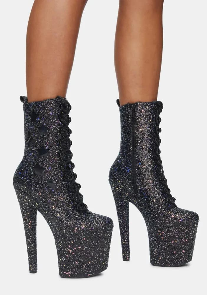 Mya Star Black Glitter Platform Boots