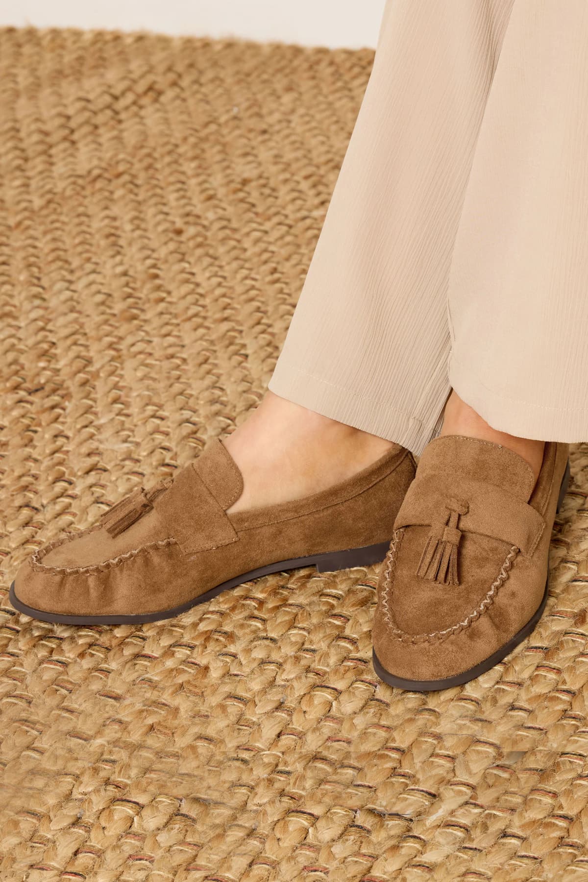 Natural Brown Faux Suede Tassel Loafers In Standard Fit
