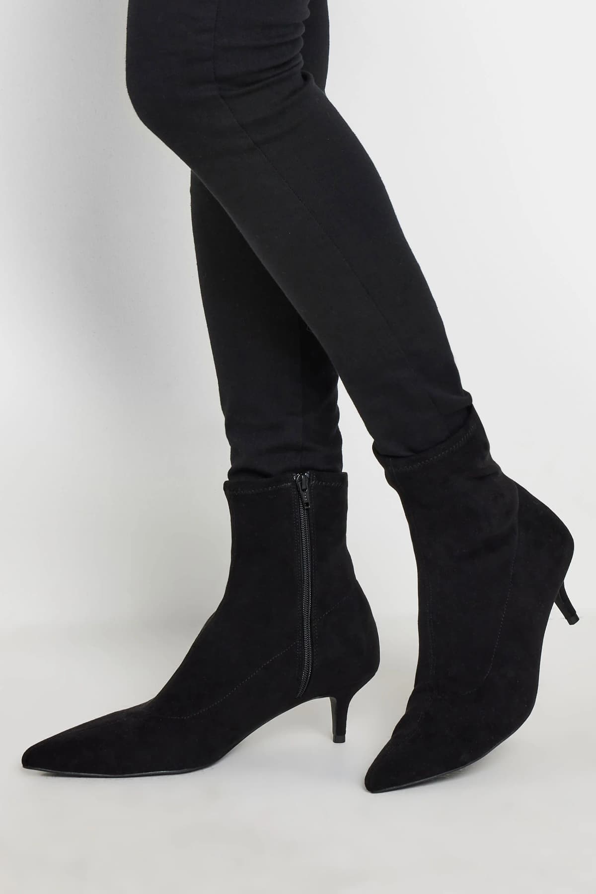 Black Faux Suede Kitten Heeled Boots In Standard Fit
