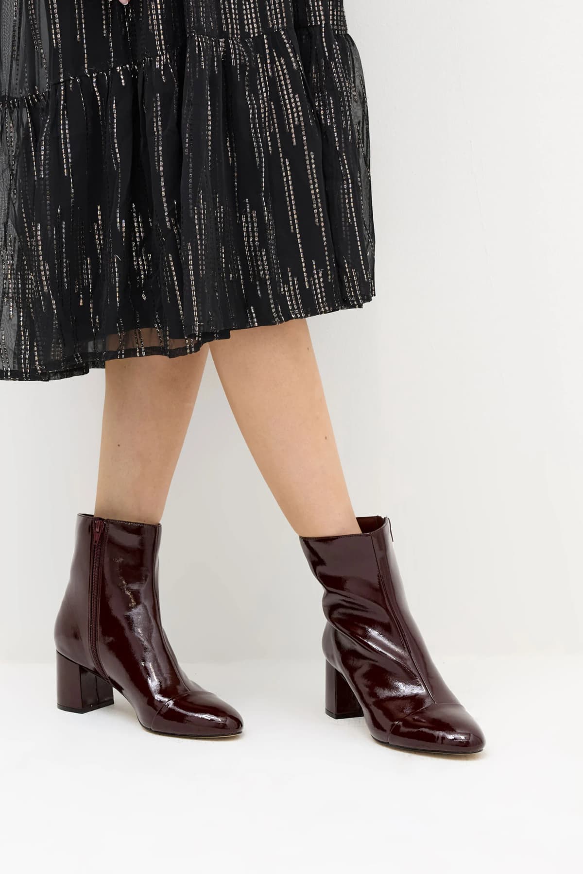 Black Patent Block Heel Ankle Boot