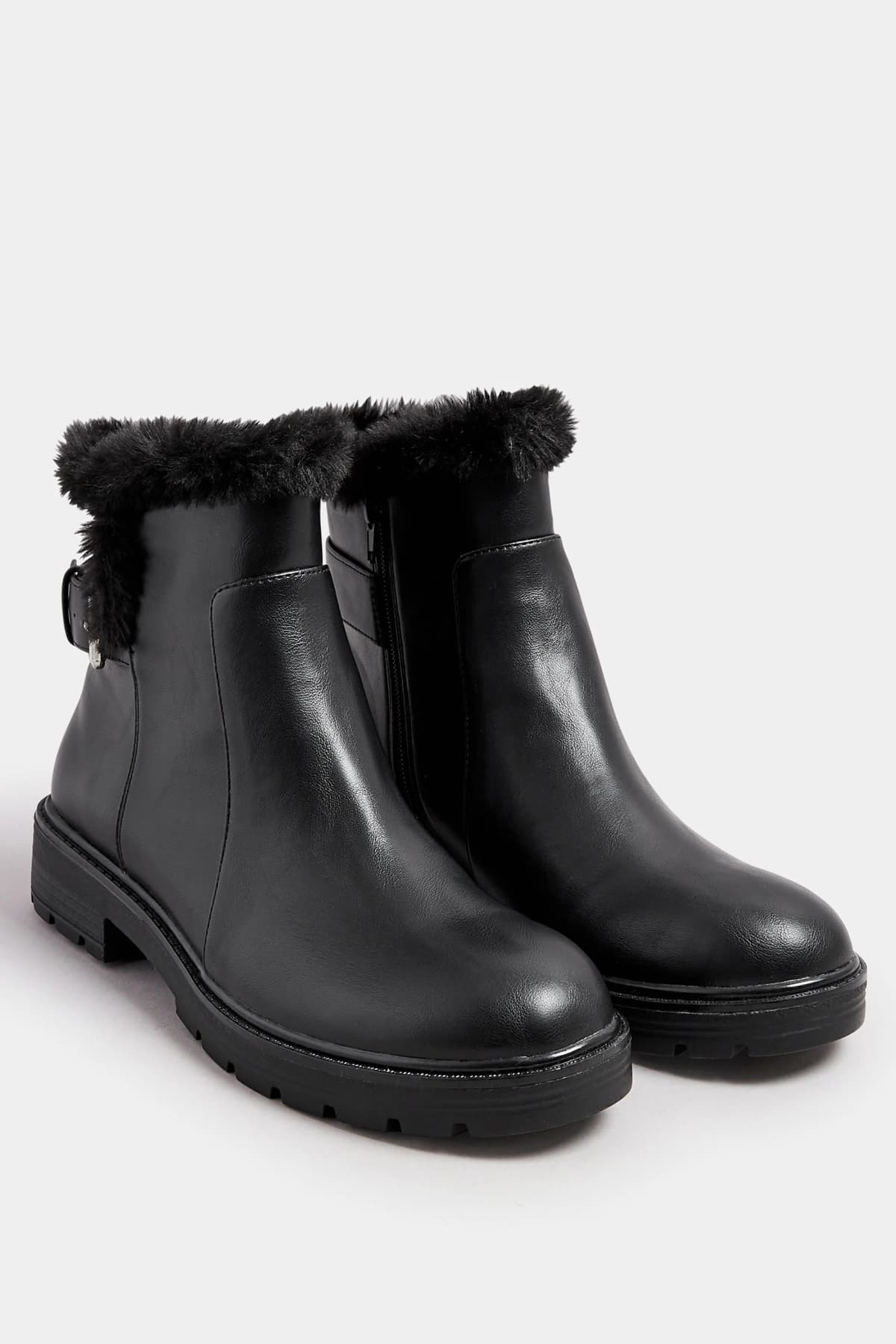 Black Faux Fur Lined Biker Boots In Standard Fit
