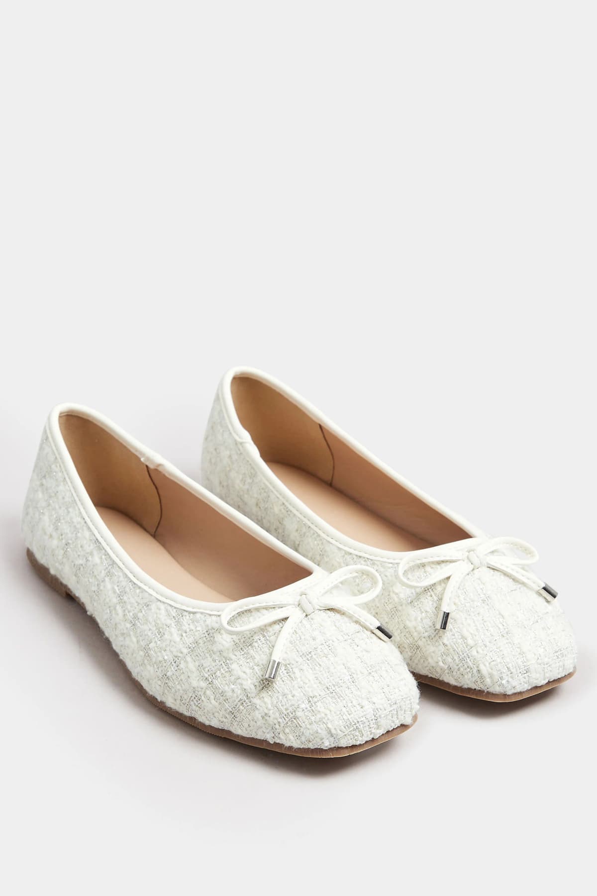 White Boucle Tweed Ballerina Pumps In Standard Fit