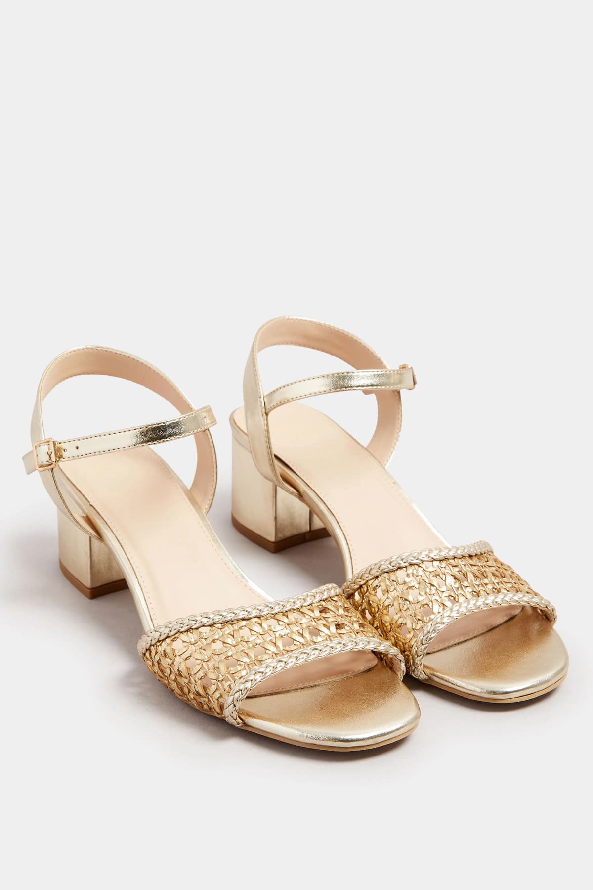 Gold Woven Strap Open Toe Block Heel In Standard Fit