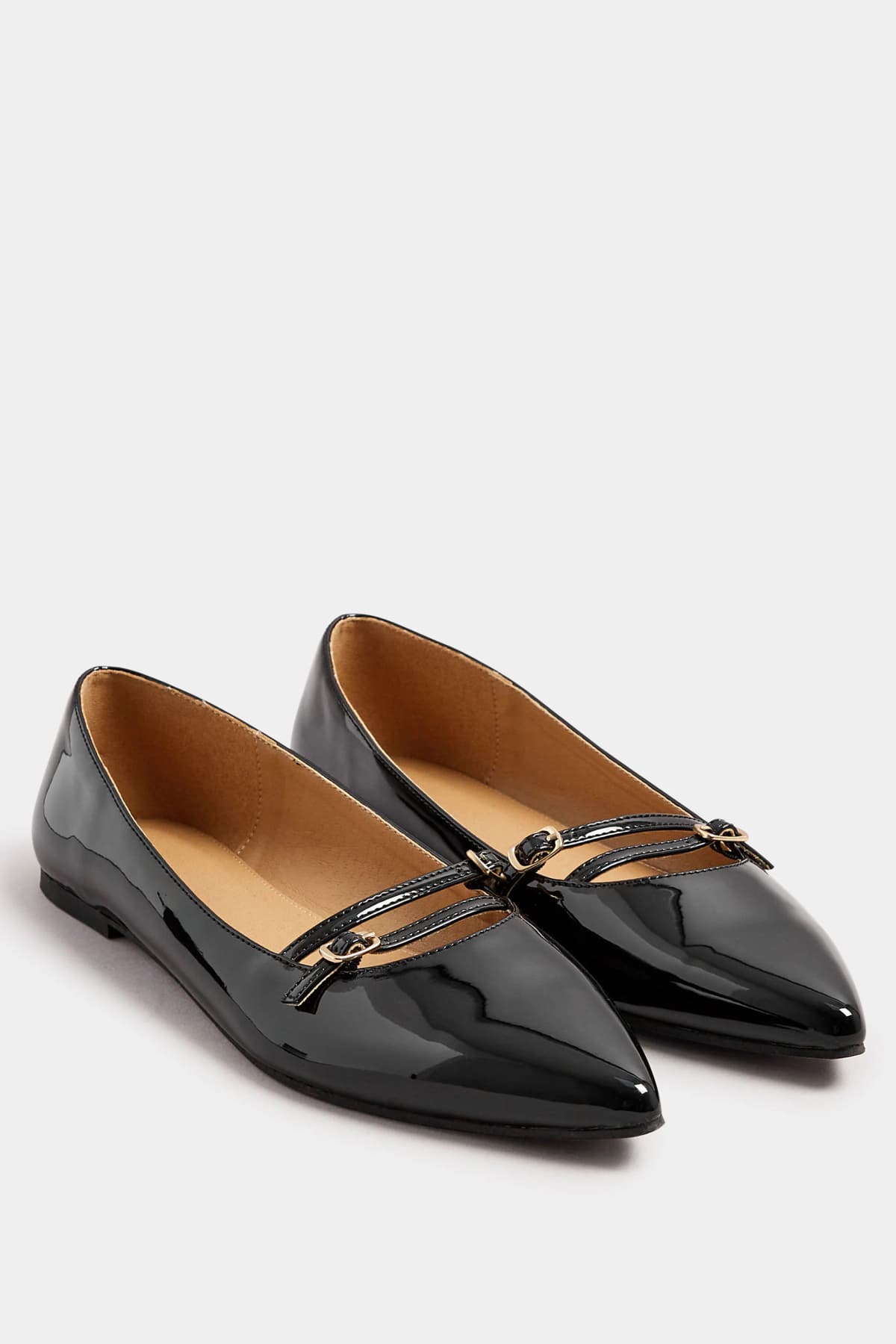 Black Patent Pointed Buckle Flats In Standard Fit