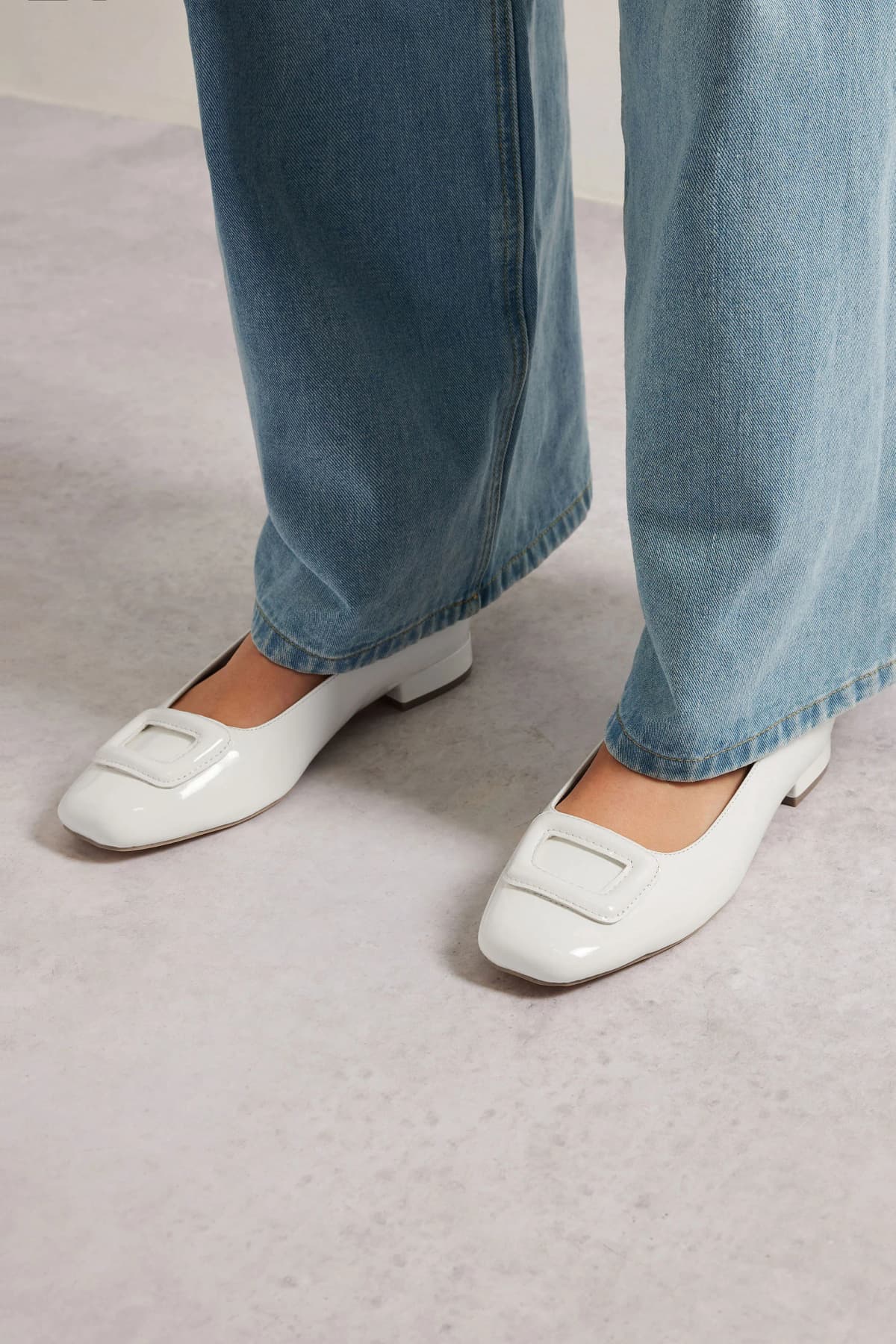 White Patent Square Toe Flats In Standard Fit