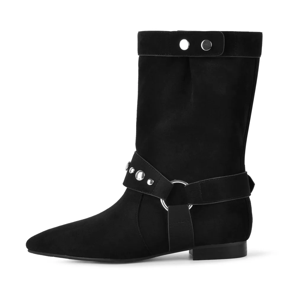 Suede Studded Buckle Ankle Western Flat Boots