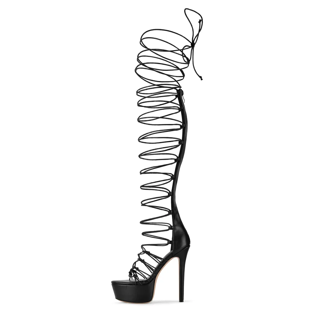 Platform Strappy Lace-up Cutout Zipper Sandals