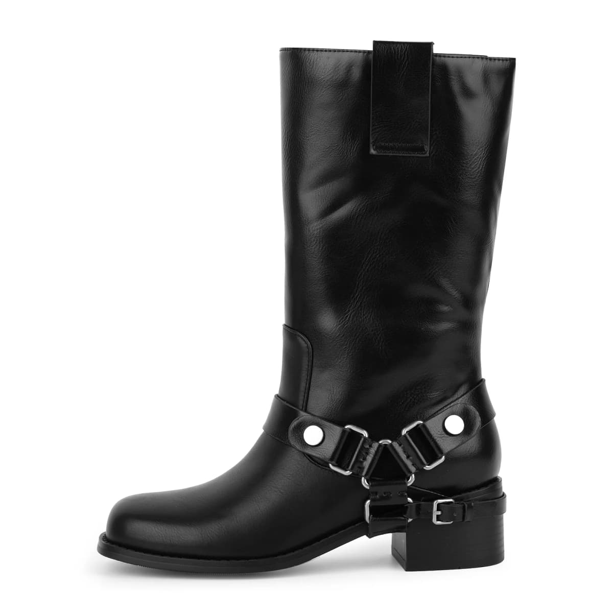 Buckle Strap Chunky Heel Mid-Calf Boots