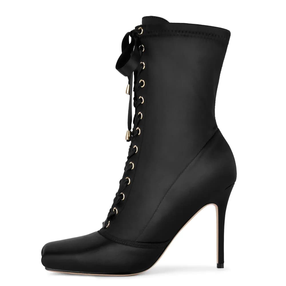 Square Toe Satin Lace-up Stiletto Ankle Boots