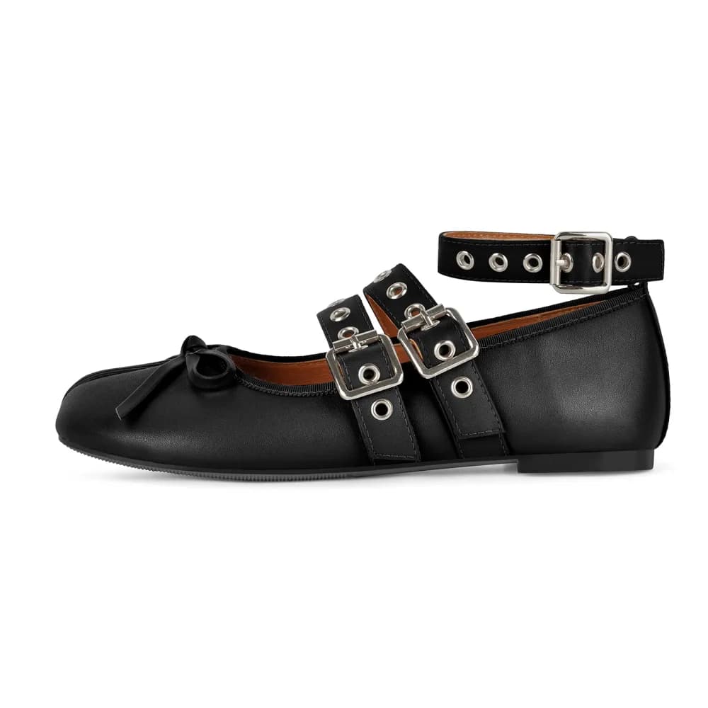 Bow Tabi Multi Buckle Ankle Strap Ballet Flats