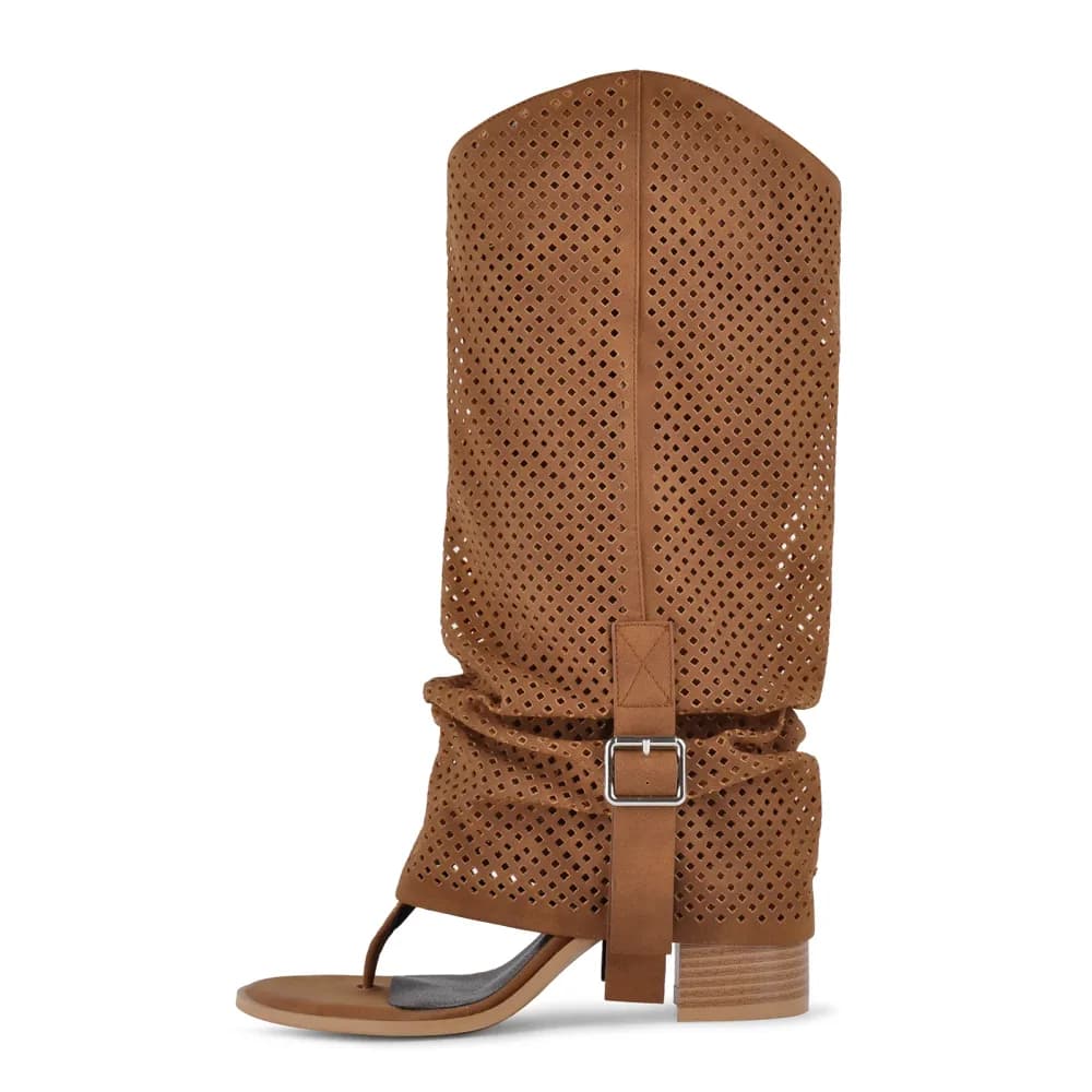 Perforated Flip-Flop Buckle Knee High Boots