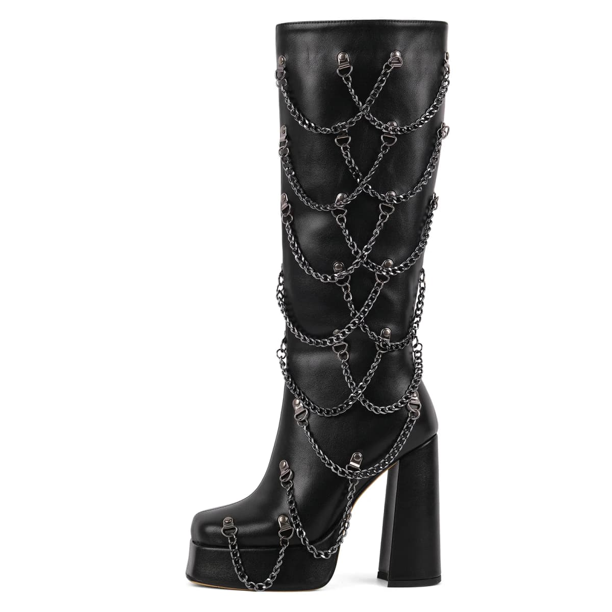 Square Toe Platform Metal Chain Knee High Boots