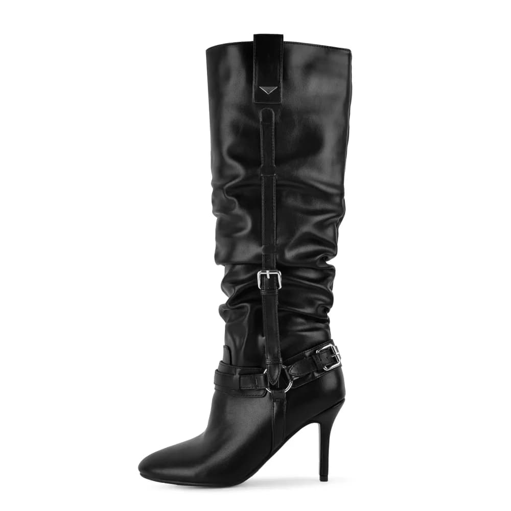 Pointed Toe Multi Buckle Ruched Knee High Boots
