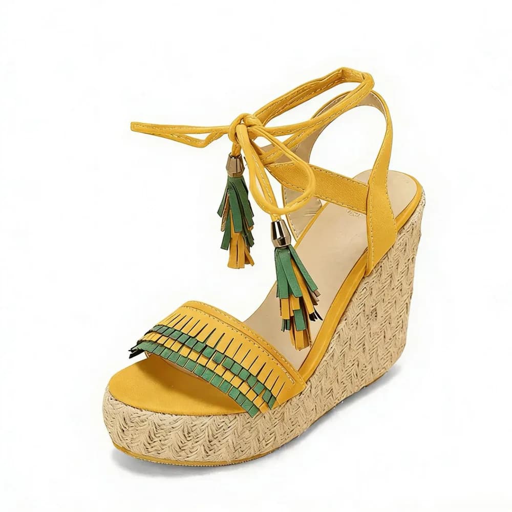 Straw Platform Fringe Lace-up Wedge Heel Sandals