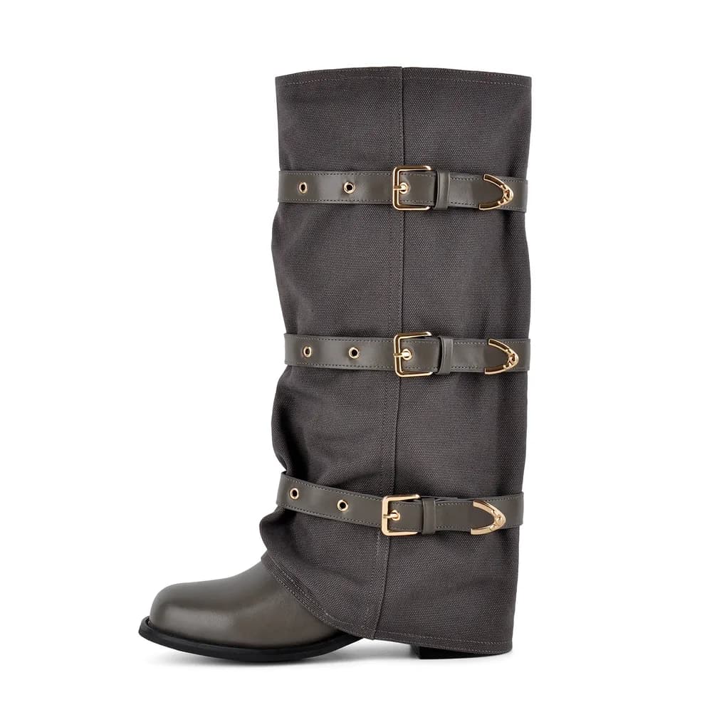 Square Toe Buckle Straps Canvas Knee High Boots