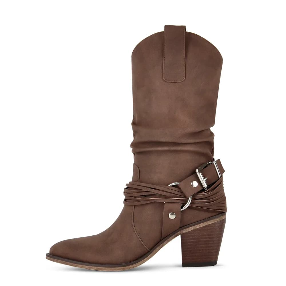 Ruched Buckle Strap Mid-Calf Western Boots