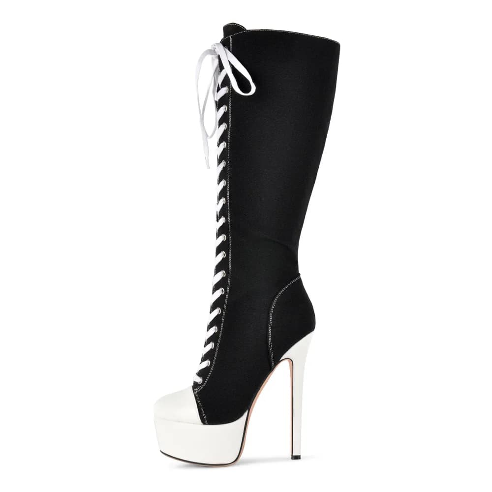 Round Toe Platform Canvas Lace-up Knee High Boots