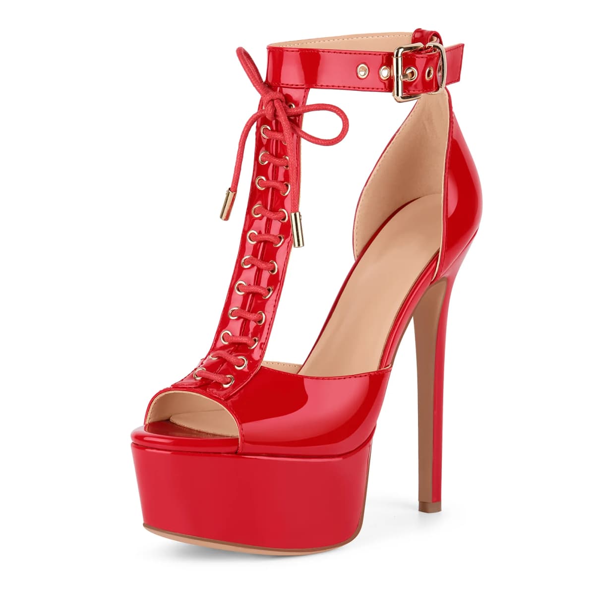 Platform Buckle T-Strap Lace-up Sandals