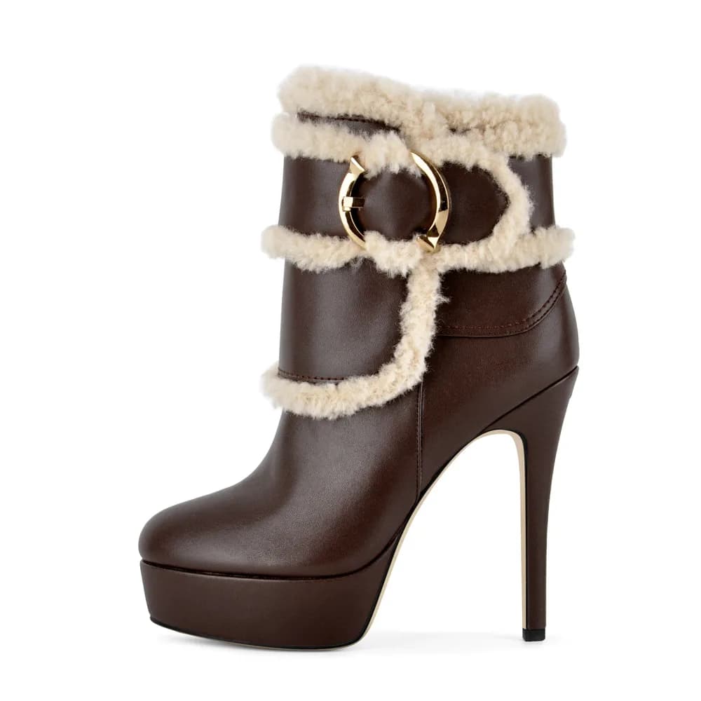 Platform Lambswool Buckle Side Zipper Ankle Boots