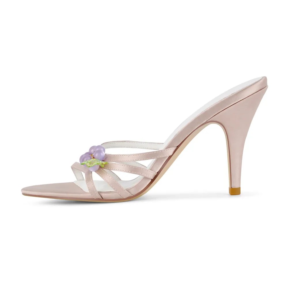 Pointed Toe Satin Grape Bead Embellished Mules
