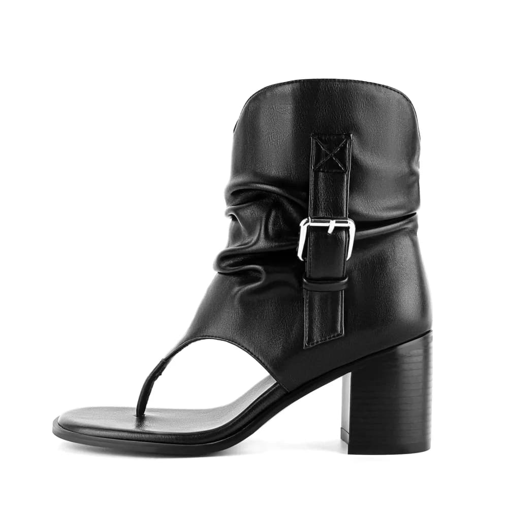 Buckle Ruched Flip-Flop Bootie Sandals