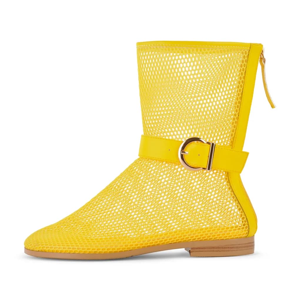 Mesh Buckle Strap Back Zipper Flat Ankle Boots