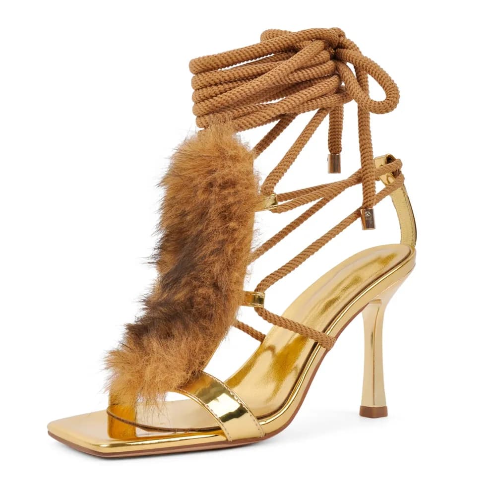 Square Toe Fur Gladiator Lace-up Sandals
