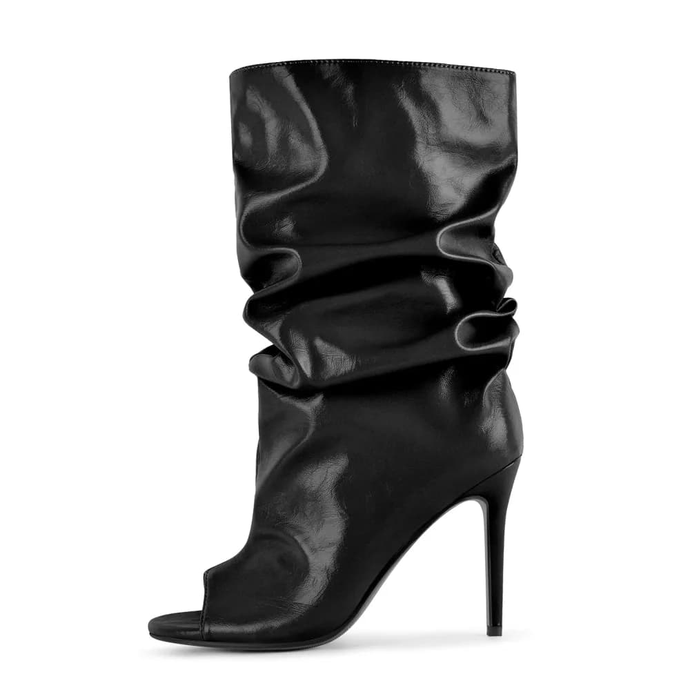 Open Toe Ruched Leather Stiletto Ankle Boots